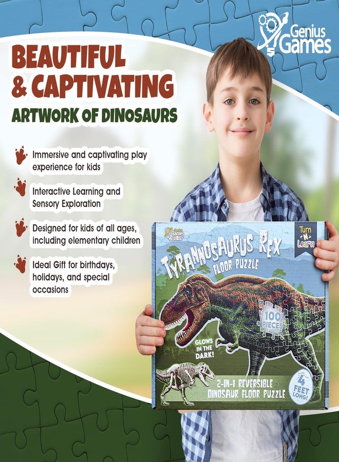 Genius Games Tyrannosaurus Rex Dinosaur Jigsaw Puzzle | 100-Piece Double Sided Floor Puzzle with Glow-in-The-Dark Skeleton On Other Side | 4 FT Scientifically Accurate Dino Illustration | Educational Toy for Kids - Image 5
